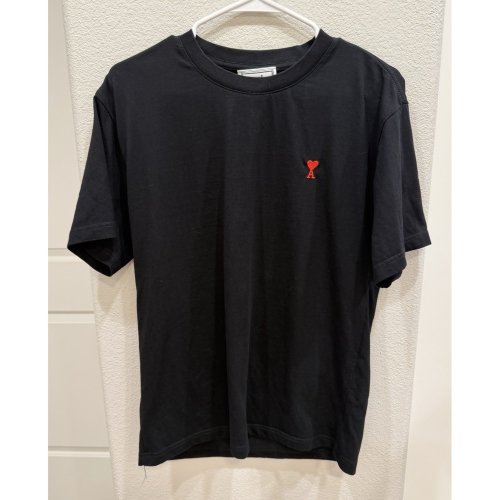 Ami Alexandre Mattiussi Black Crew neck T-Shirt Mens Basic Tee M Red Heart Logo